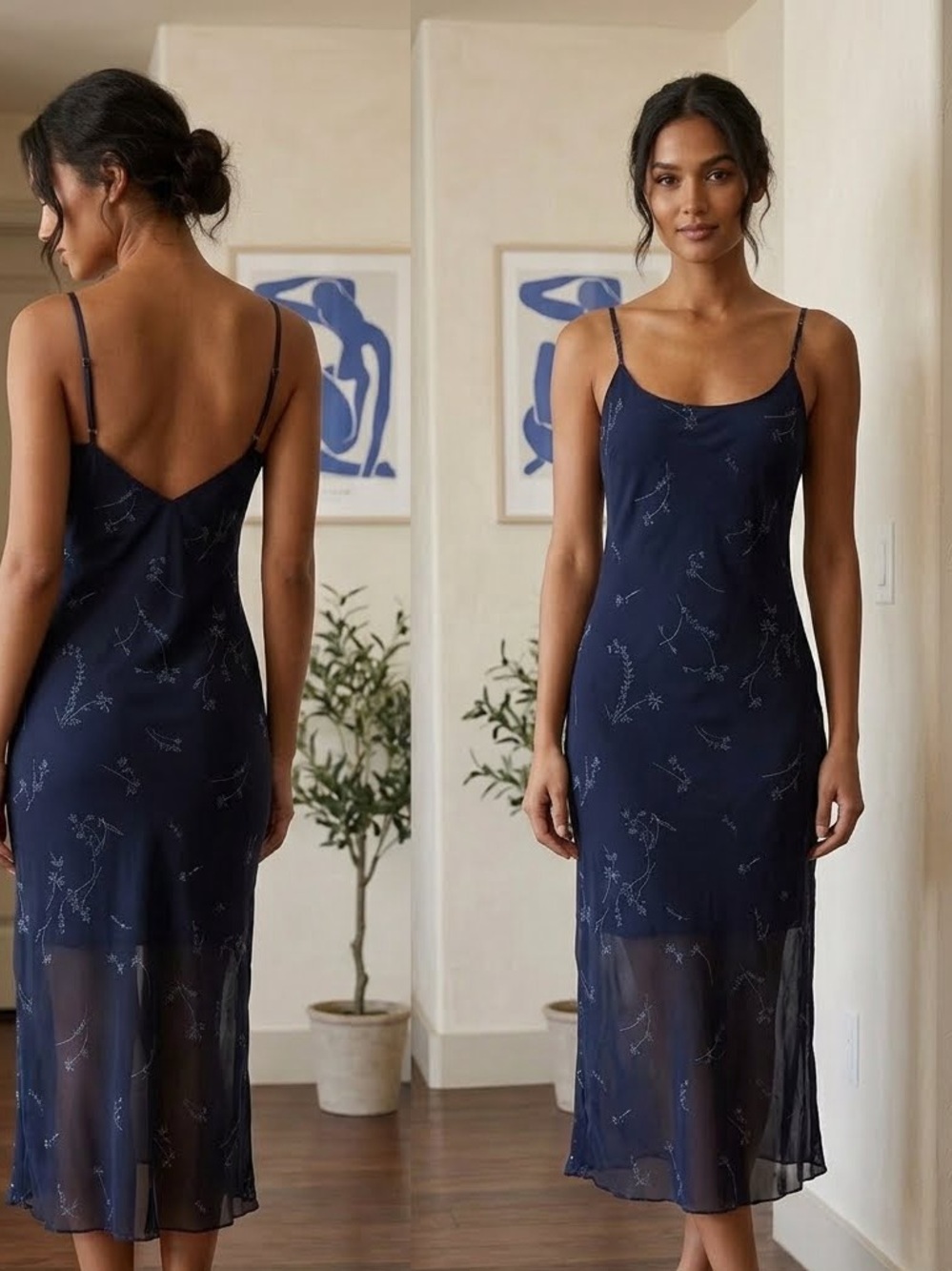 Navy Floral Slip Dress with Adjustable Spaghetti Straps